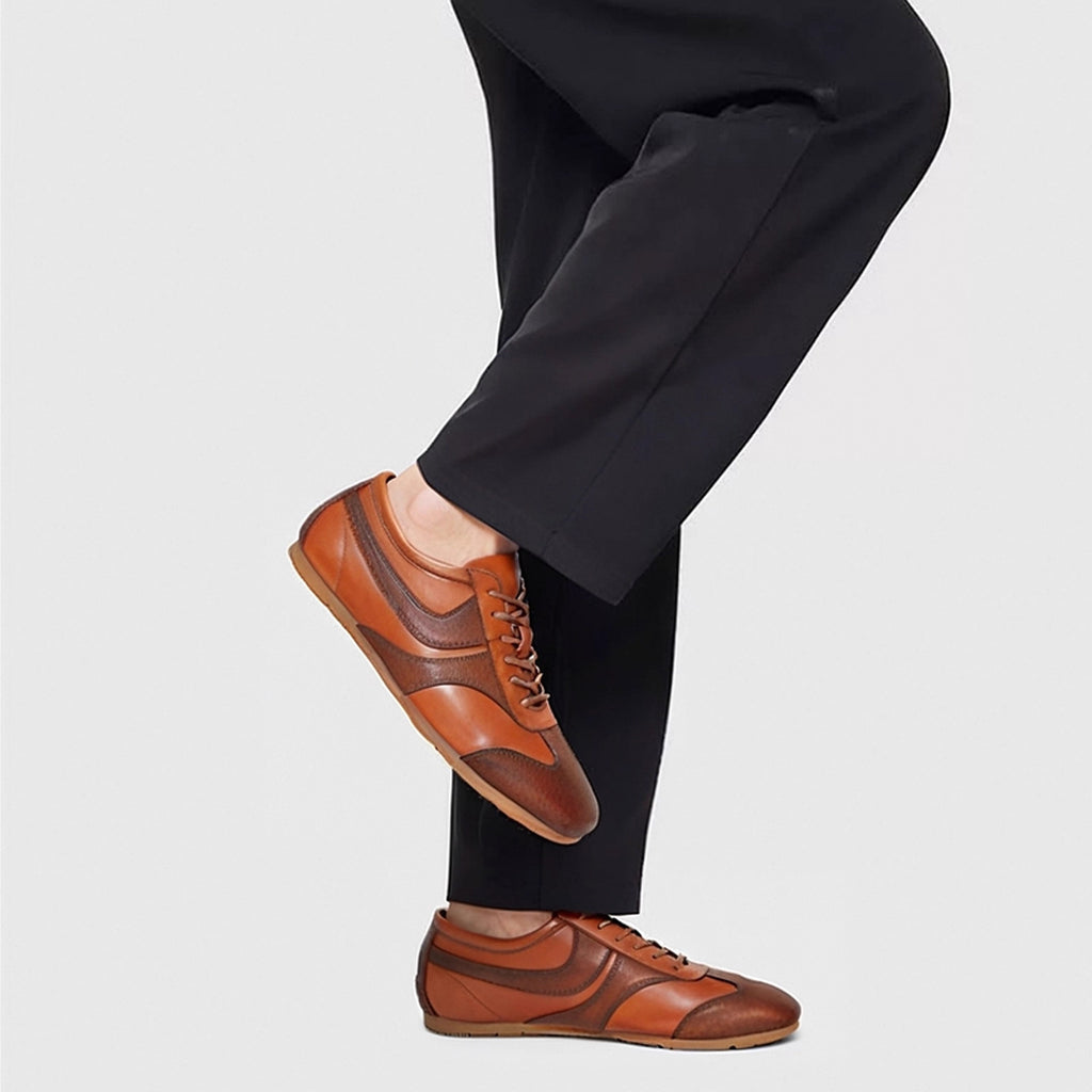 Men's brown leather sneakers, lace-up design with low-profile sole