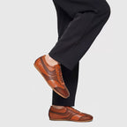 Men's brown leather sneakers, lace-up design with low-profile sole