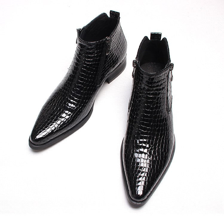 Men's leather side-zip dress boots, black crocodile texture, side view, thick sole