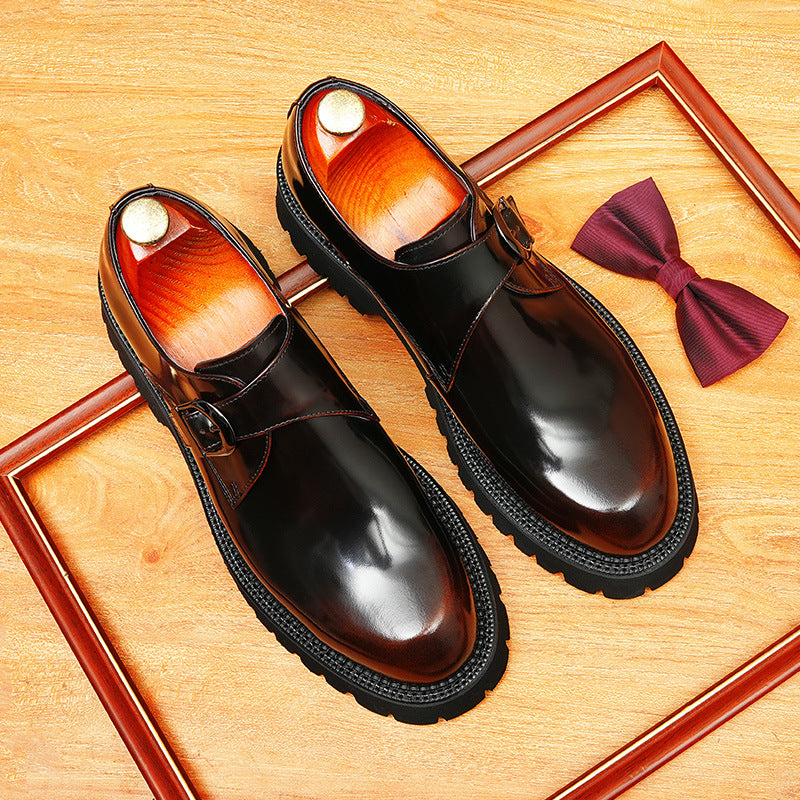 Men's Round Toe Chunky Sole Single Monk Strap Leather Shoes