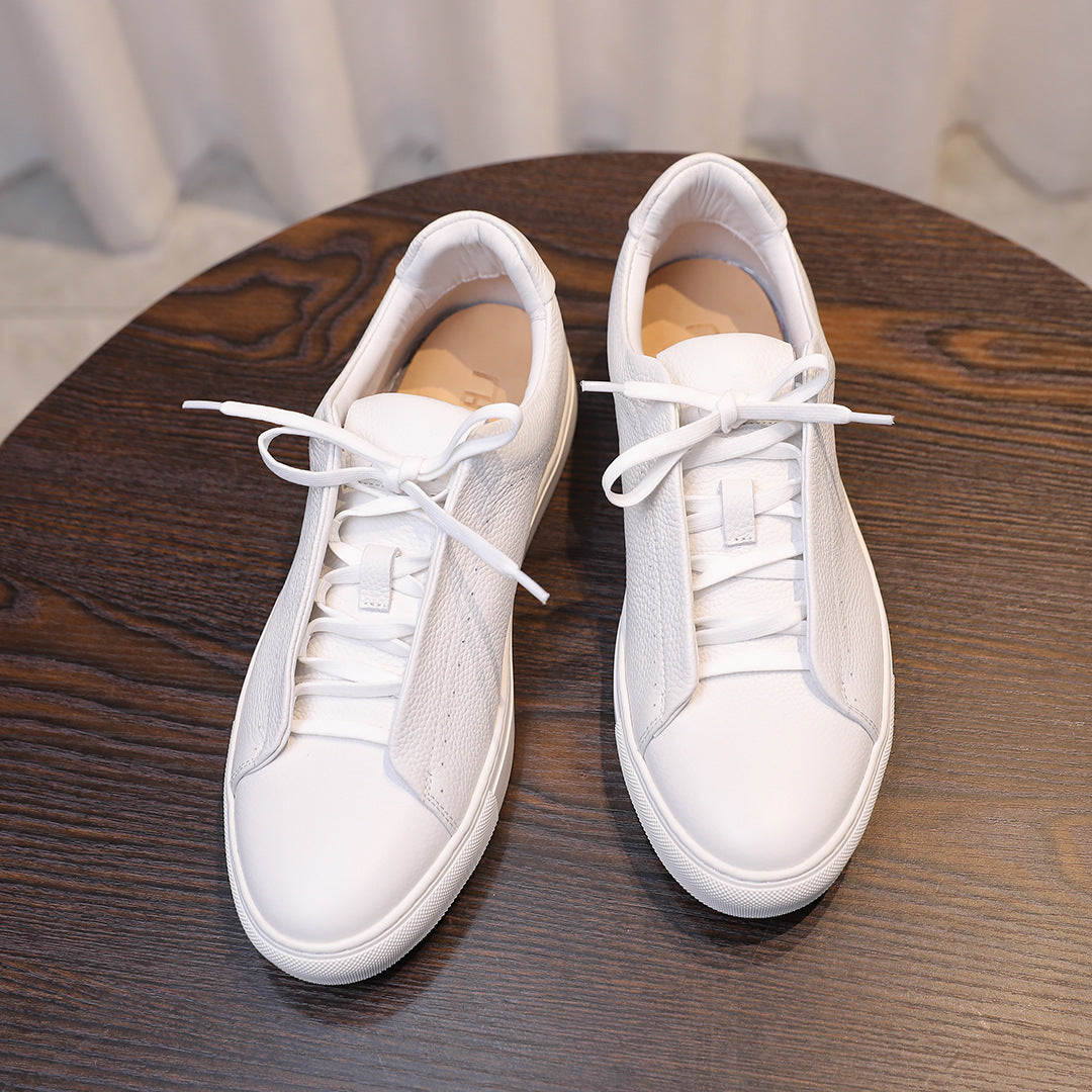 Men's genuine leather sneakers, white lace-up shoes with padded tongue and stitched toe cap