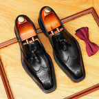Men's Perforated Brogue Tassel Square Toe Leather Loafers