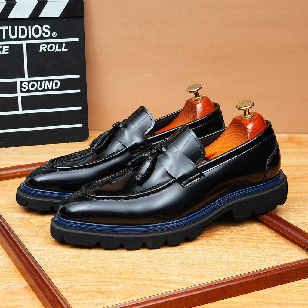 Men's Glossy Contrast Trim Tassel Leather Loafers
