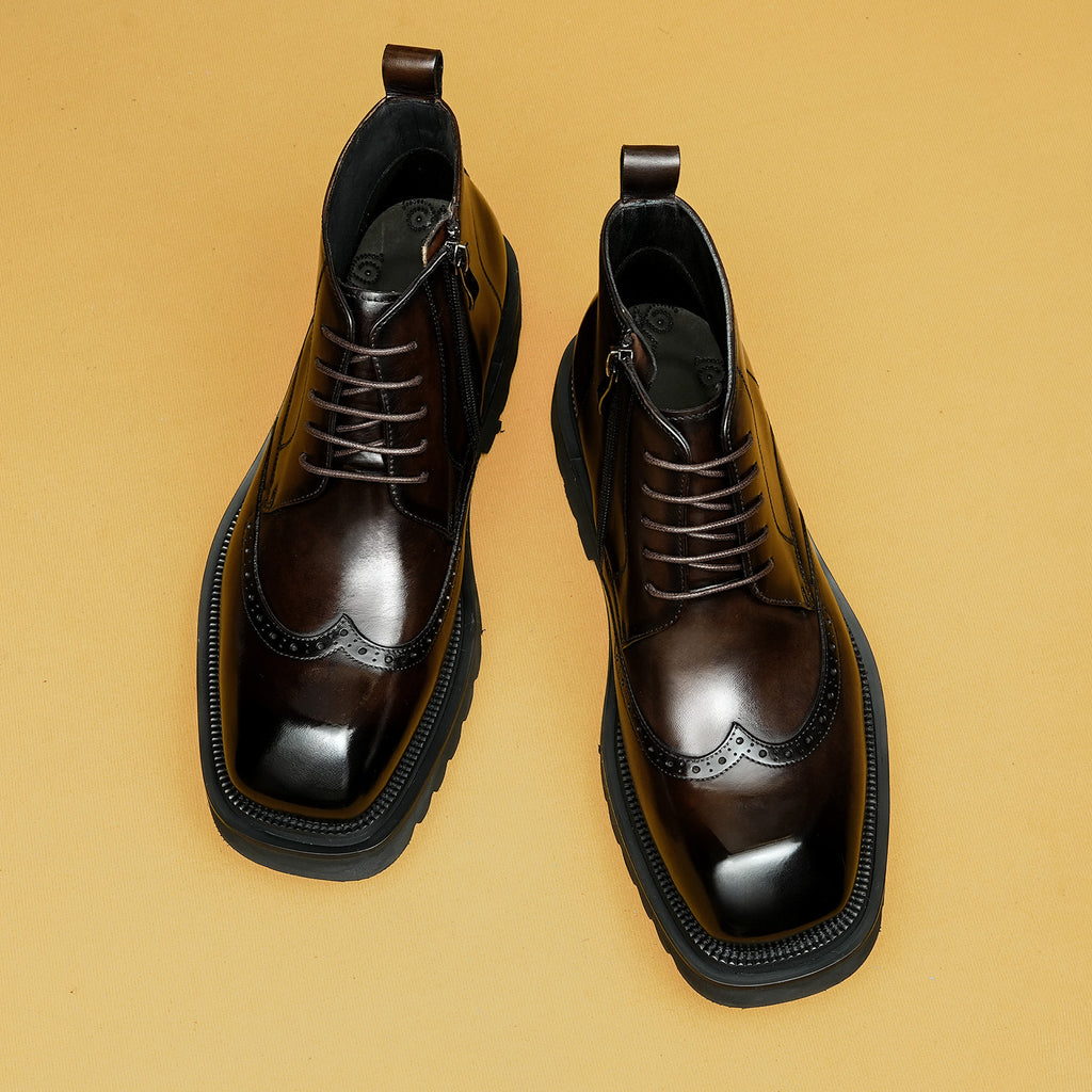 Brown leather lace-up ankle boots with side zipper, thick sole, and brogue toe
