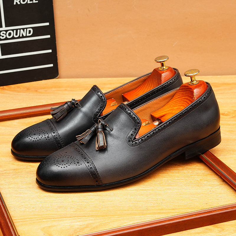 Men's Cap Toe Carved Tassel Pointed Leather Loafers