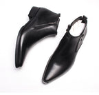 Men's black leather formal dress boots with side zipper and thick sole, ankle height