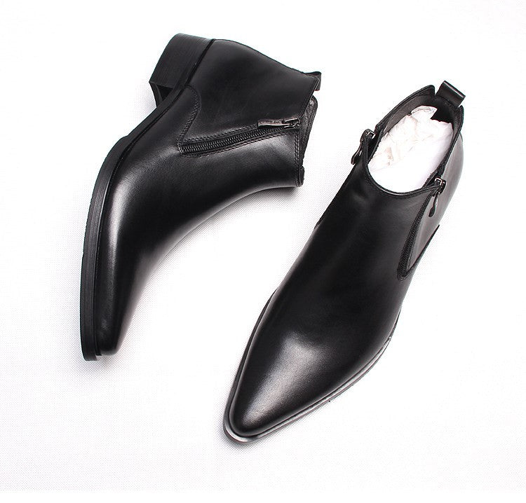 Men's black leather formal dress boots with side zipper and thick sole, ankle height