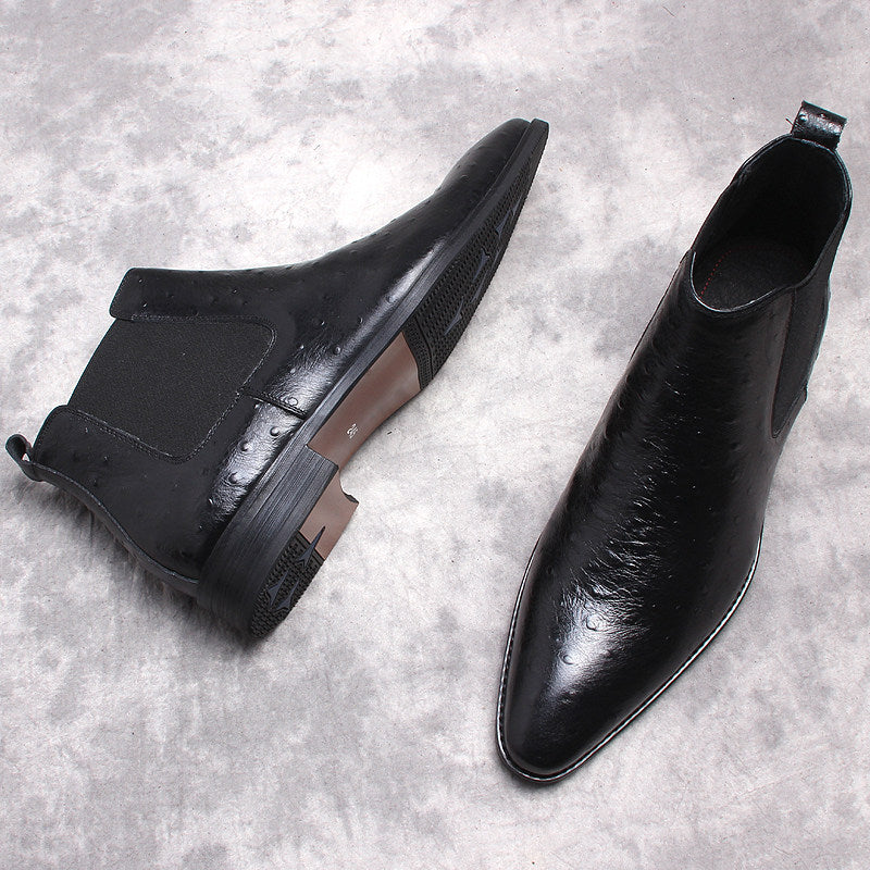 Black leather Chelsea slip-on boots with side elastic panels and block heel