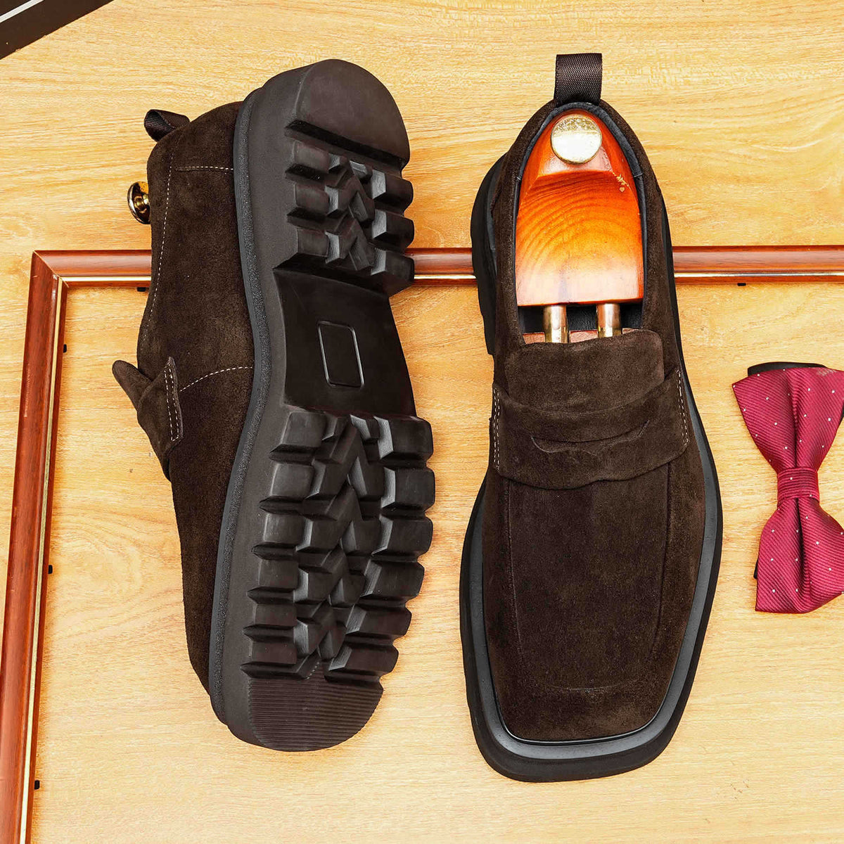 Men's Suede Broad Square Toe Platform Dress Loafers
