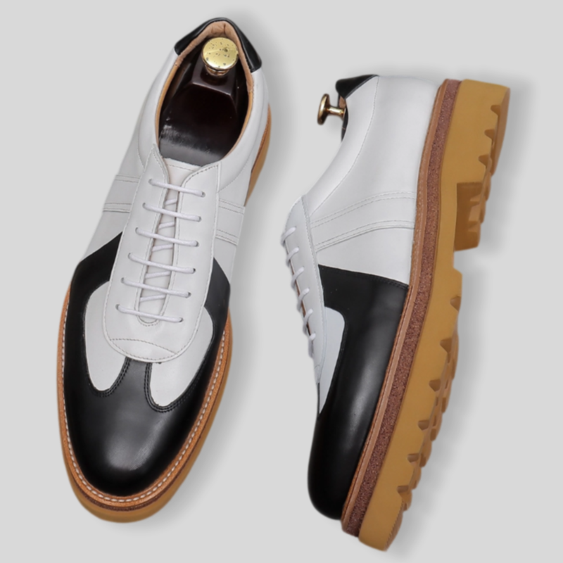 Men's suede paneled chunky lug sneakers in white/black with tan lug sole