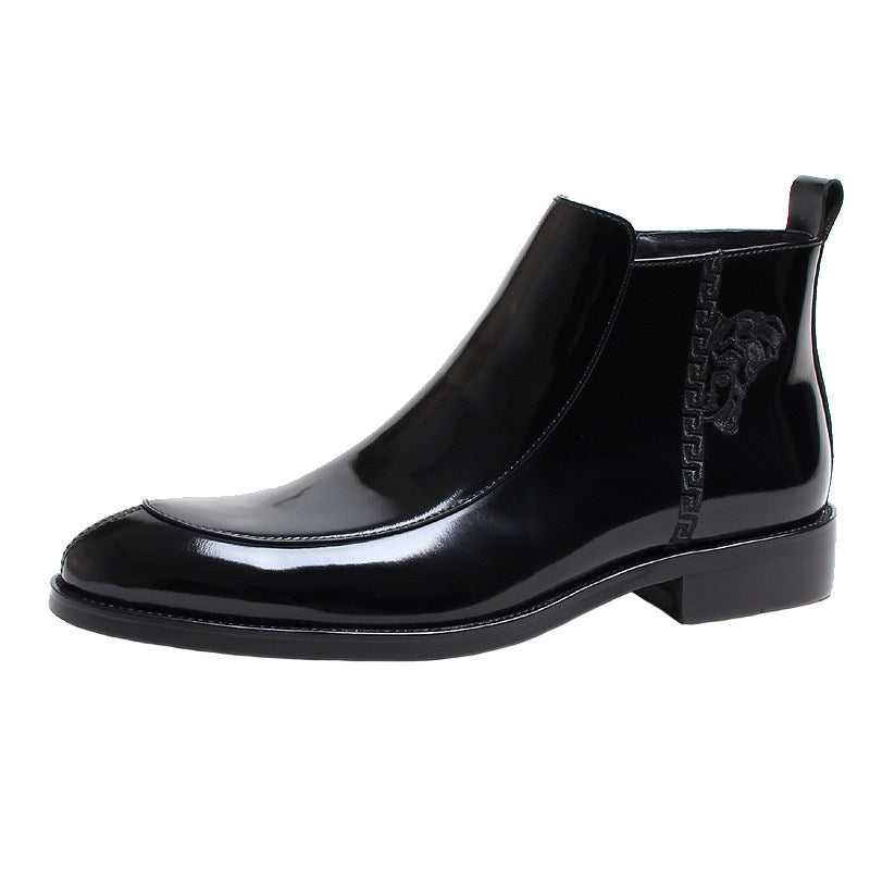 Men's thick-sole leather side-zip formal boots, black, ankle height front profile view