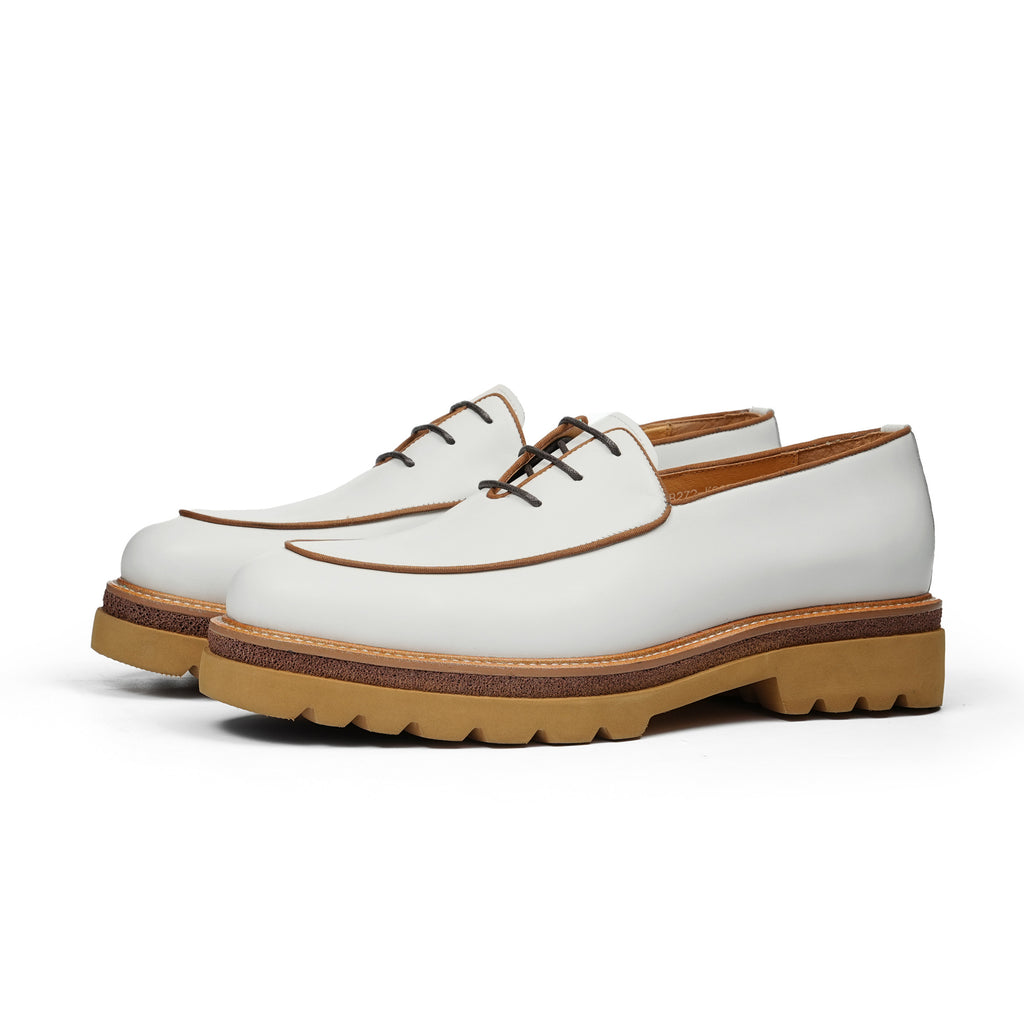 Men's chunky lug-sole oxfords in white leather with brown laces and trim
