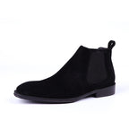 Black Chelsea dress boots with suede upper, elastic side gore, low heel