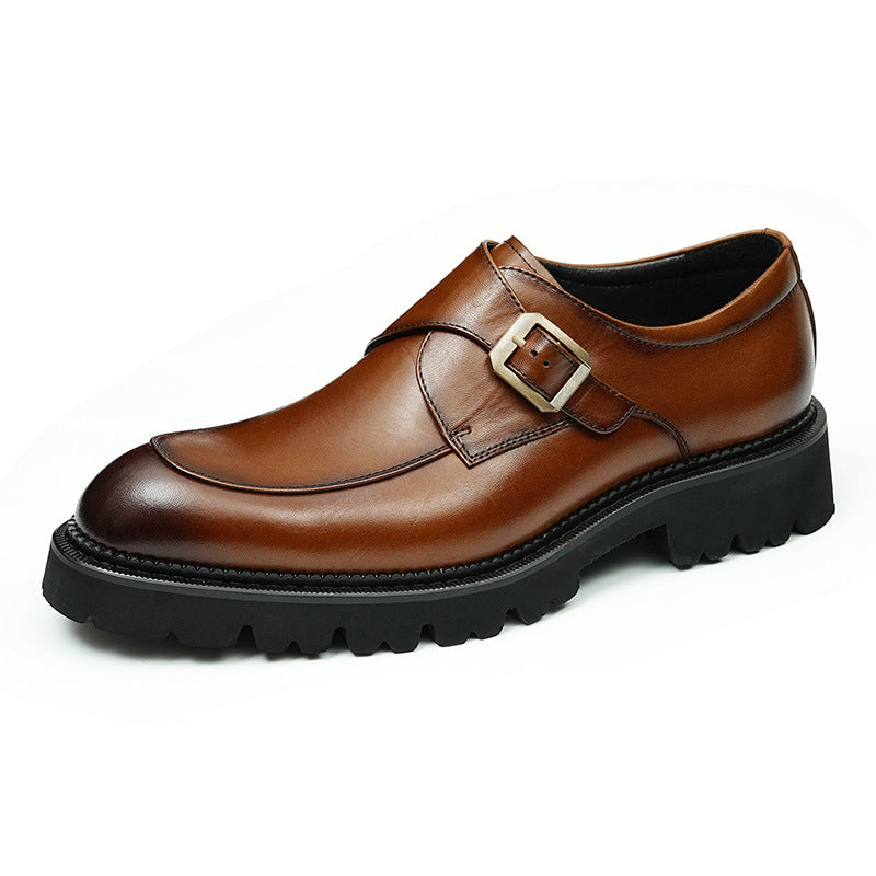Men's Smooth Pointed Toe Single Monk Strap Leather Formal Shoes