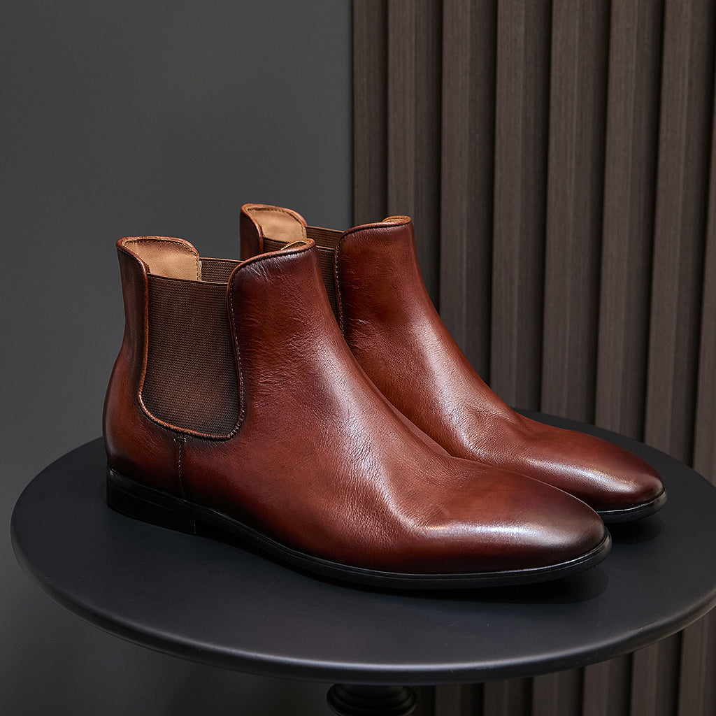 Pointed-toe suede Chelsea dress boots in brown, elastic side gore