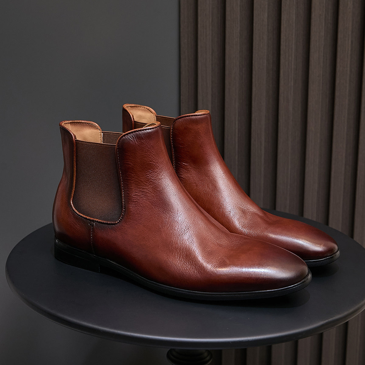 Pointed-toe suede Chelsea dress boots in brown, elastic side gore