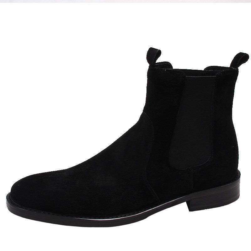 Black suede Chelsea boots, side view with elastic gore and low block heel