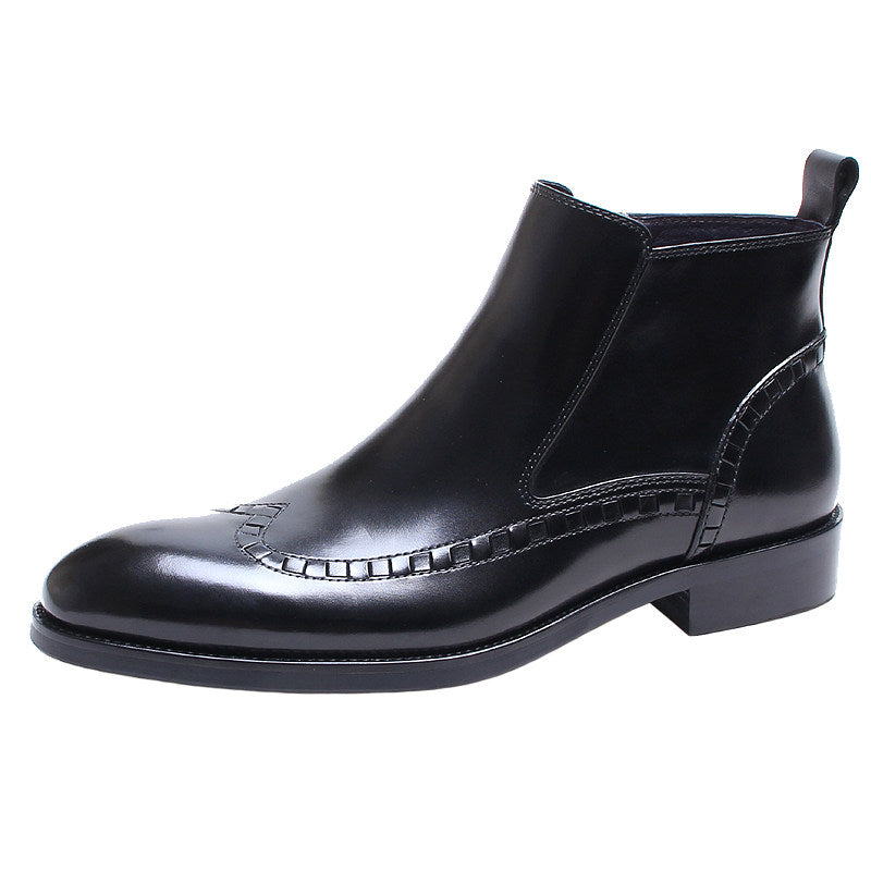 Black leather side-zip formal ankle boots with thick sole and stitched edging