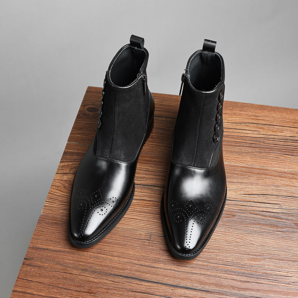 Black leather ankle dress boots with side zip and thick sole, heel and toe profile