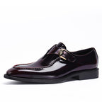 Men's Black Burgundy Pointed Toe Single Monk Strap Leather Shoes