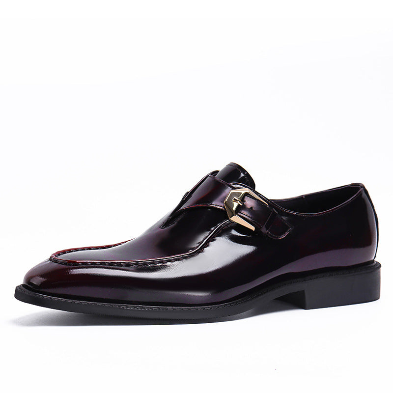 Men's Black Burgundy Pointed Toe Single Monk Strap Leather Shoes