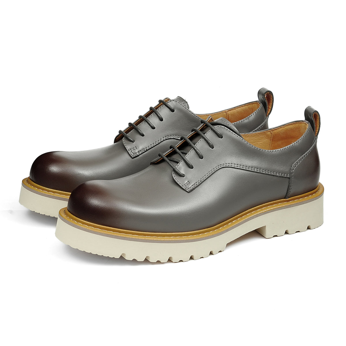 Men's pointed-toe leather derby dress shoes, gray, lace-up with chunky sole