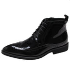 Black glossy dress boots with side zip, lace-up front, thick sole
