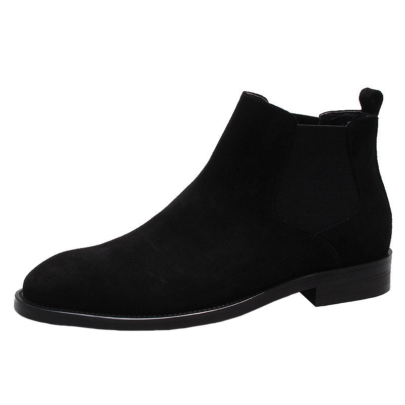 Men's black Chelsea dress boots, side profile with elastic gore