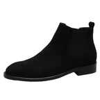 Men's black Chelsea dress boots, side profile with elastic gore