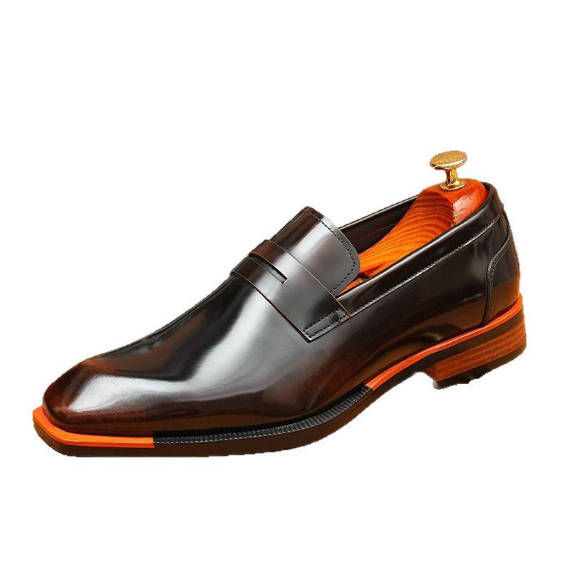 Men's Glossy Faceted Square Toe Leather Loafers