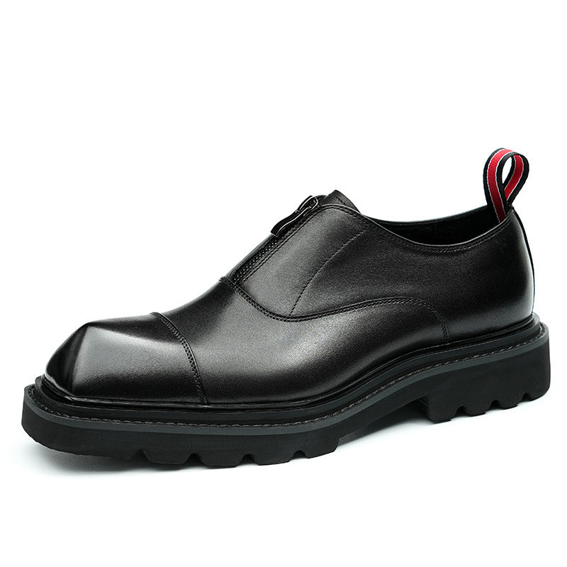 Men's Square Toe Zipper Chunky Sole Leather Loafers