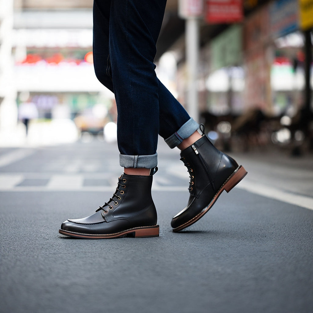 Men's Leather Moc Toe Side-Zip Lace-Up Ankle Boots