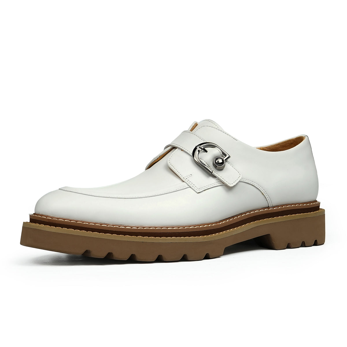 Men's Black White Pointed Toe Single Monk Strap Leather Shoes