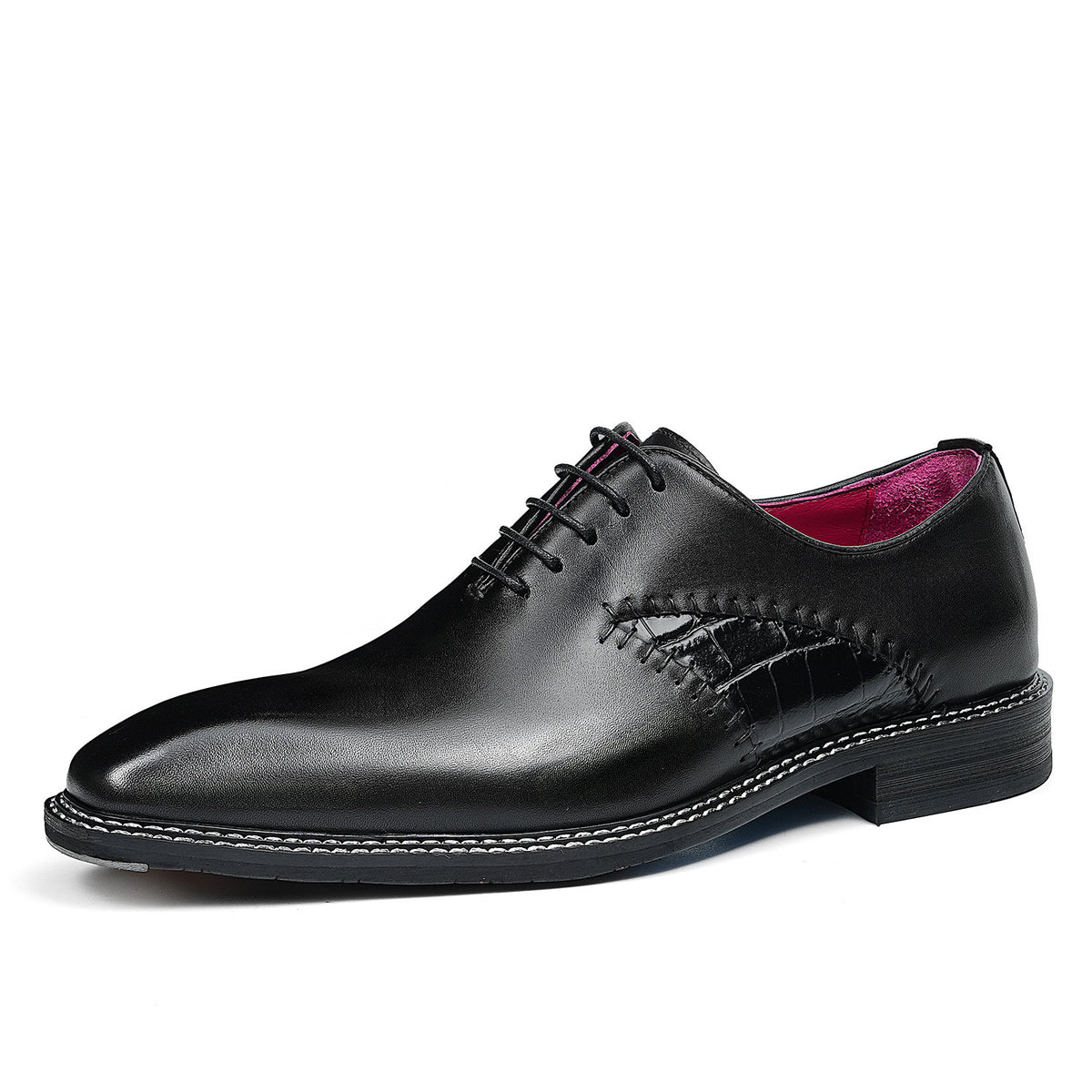 Black wingtip brogue oxford shoe with croc-textured detail and lace-up closure