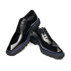 Men's black wingtip brogue oxford shoes with blue-trim lug sole, lace-up