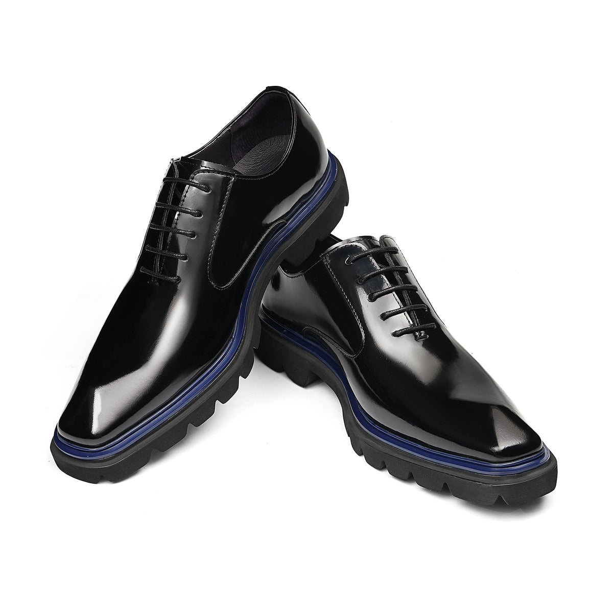 Men's black wingtip brogue oxford shoes with blue-trim lug sole, lace-up