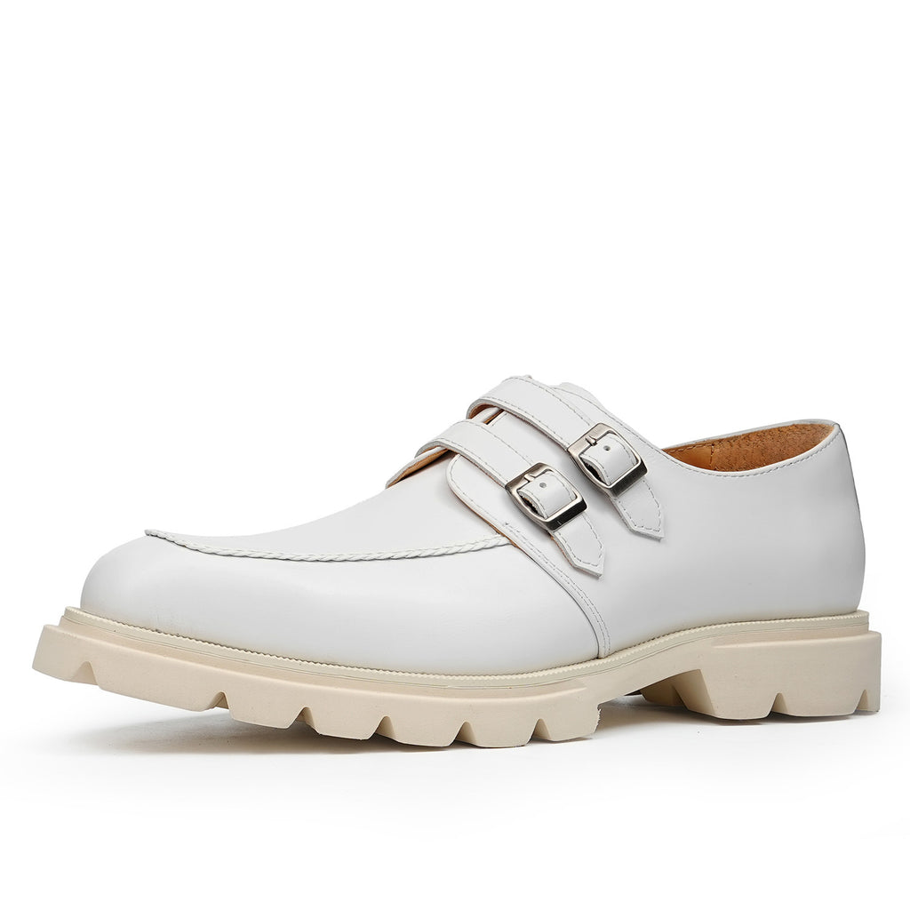 Men's White Beige Pointed Toe Chunky Double Monk Shoes