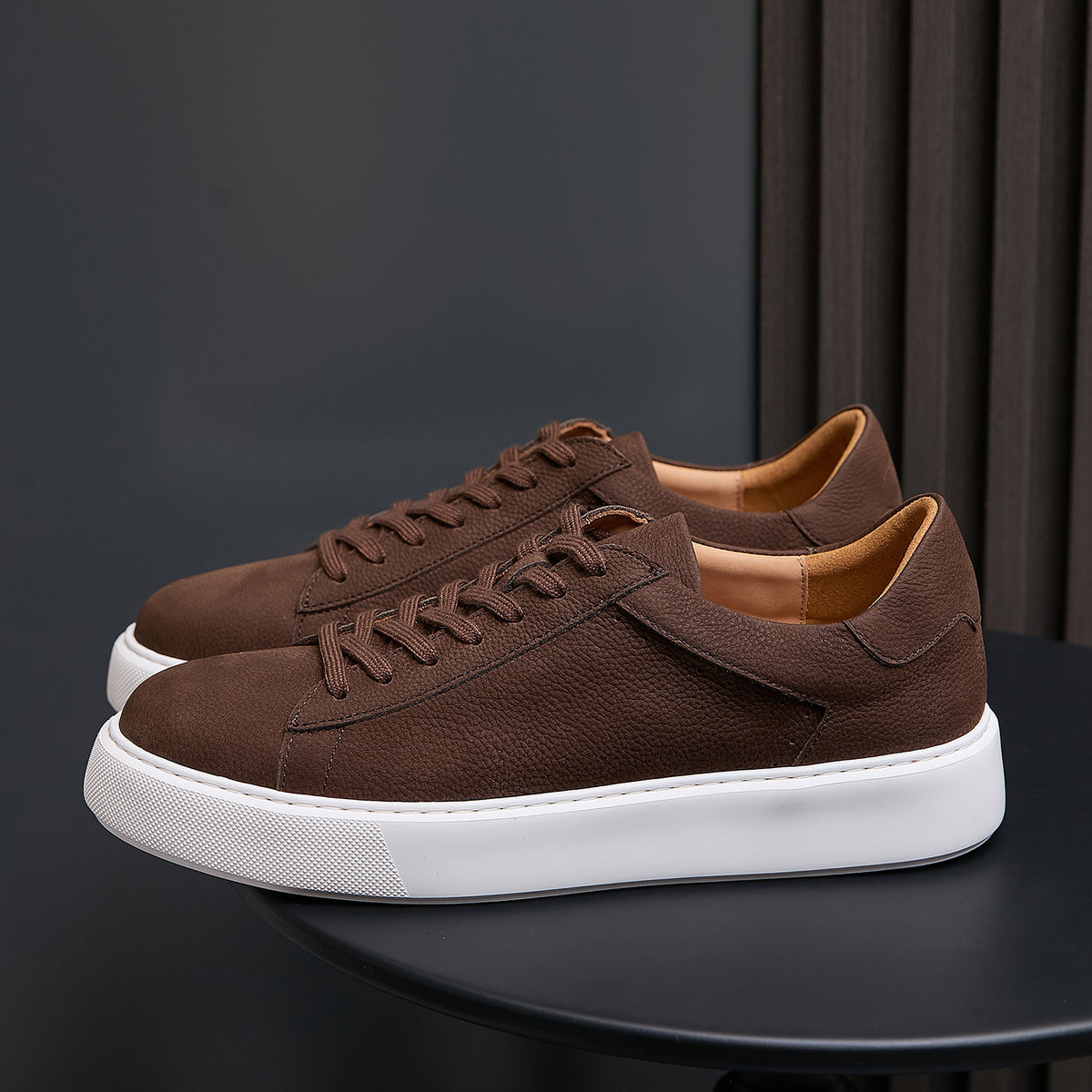 Men's genuine leather sneakers, dark brown lace-up with white platform sole