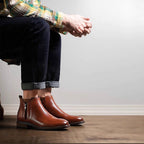 Men's pointed cap-toe leather side-zip dress boots, brown, shown being worn