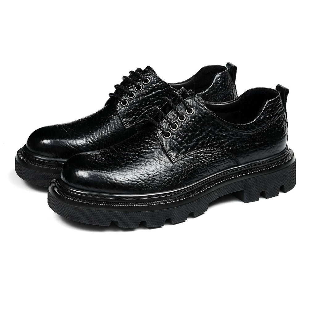 Men's pointed-toe leather derby dress shoes, black, lace-up with chunky sole