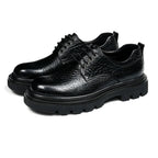 Men's pointed-toe leather derby dress shoes, black, lace-up with chunky sole