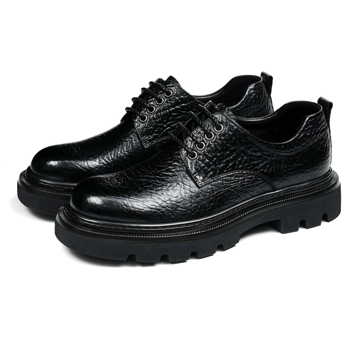 Men's pointed-toe leather derby dress shoes, black, lace-up with chunky sole