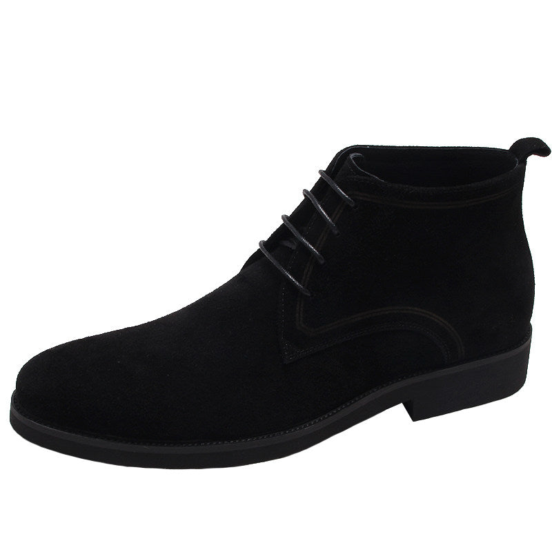 Black suede lace-up ankle boot with low block heel and pull tab