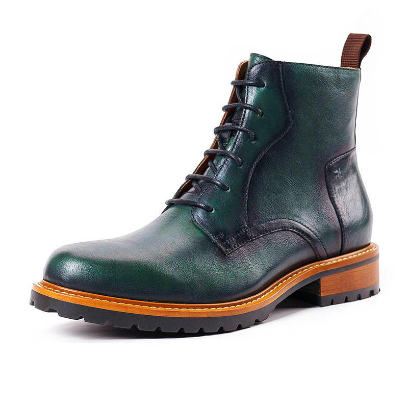 Dark green leather lace-up ankle boots with pointed toe and brown contrast sole