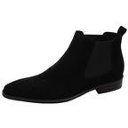 Black suede Chelsea dress boot with elastic side gore and low stacked heel