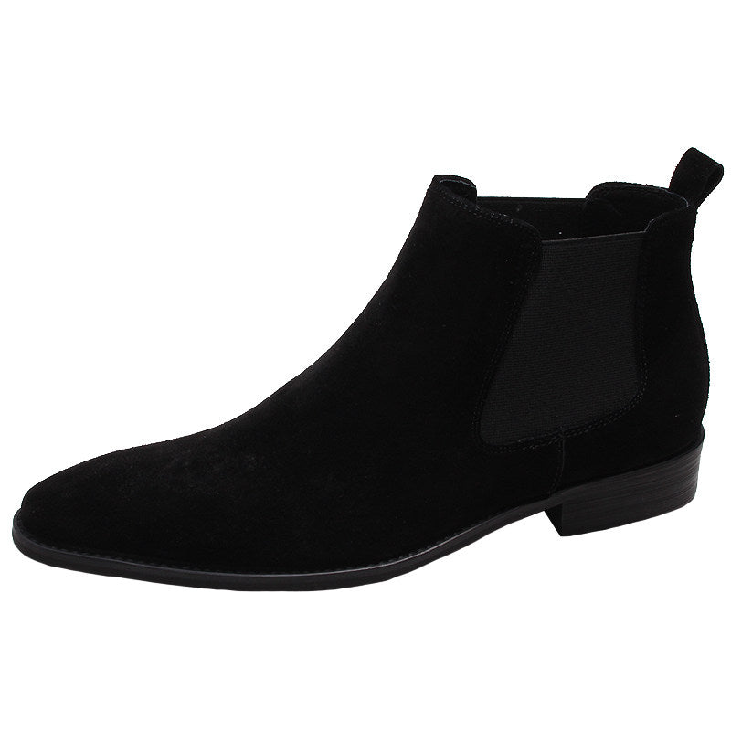 Black suede Chelsea dress boot with elastic side gore and low stacked heel
