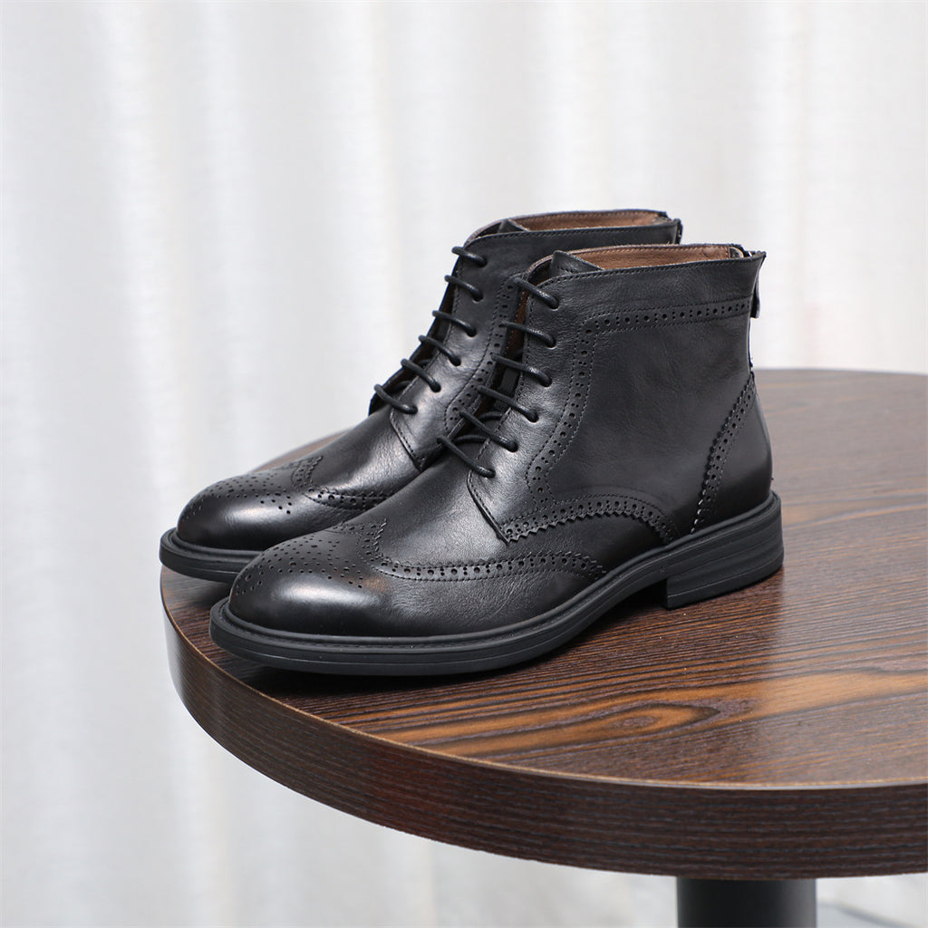 Burnished Wingtip Brogue Leather Back-Zip Boots for Men
