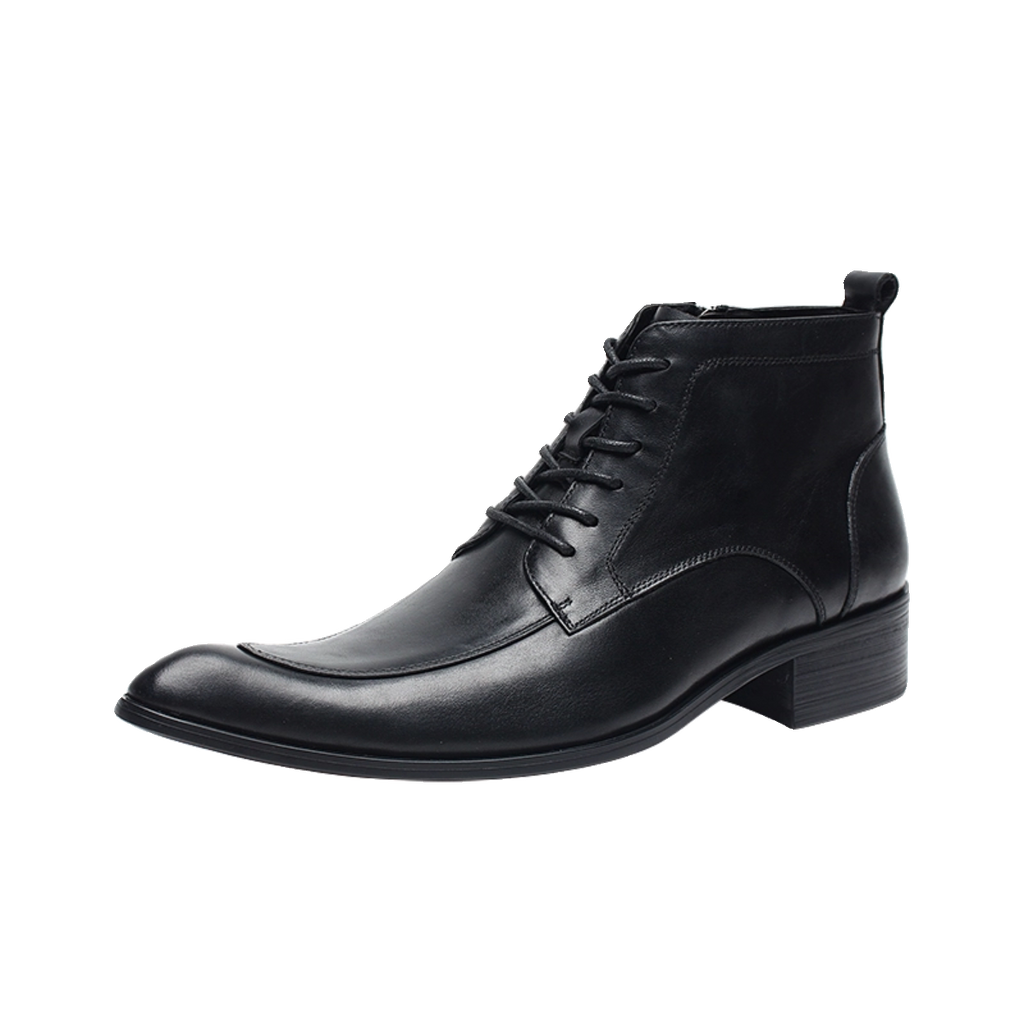 Black leather dress boot with laces, side zipper, thick sole and block heel, studio view