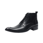 Black leather dress boot with laces, side zipper, thick sole and block heel, studio view