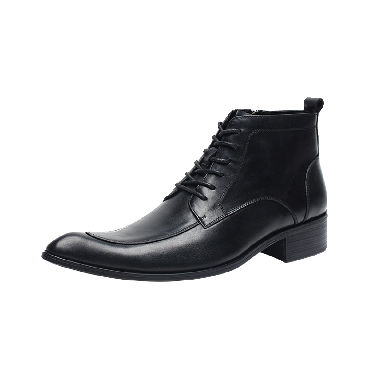 Black leather dress boot with laces, side zipper, thick sole and block heel, studio view